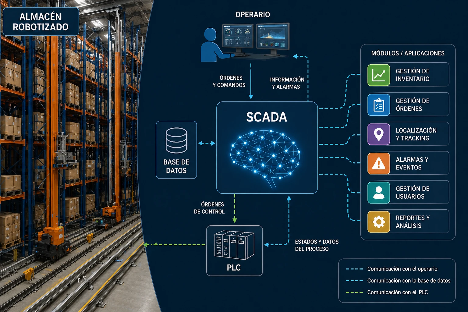 Funcionamiento de un sistema Scada en un almacén robotizado mostrando la comunicación con operario, base de datos y PLC