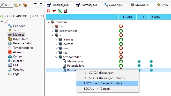 Imagen que muestra el la carga de un modulo de programa Java en el Scada SPGN