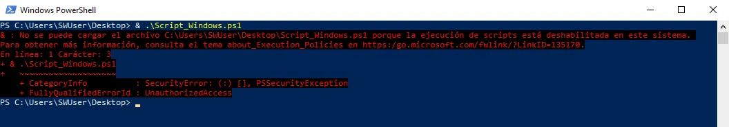 Imagen que muestra el error de no poder ejecutar Scripts