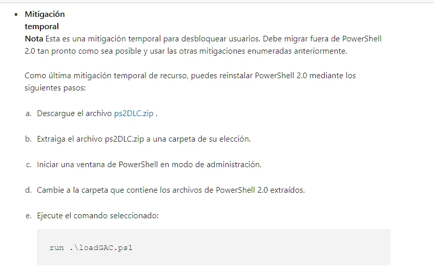 Imagen que muestra las instrucciones para poder ejecutar PowerShel 2.0