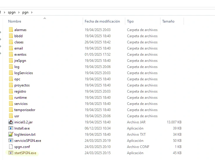 vista de las carpetas descomprimidas con los ejecutables necesarios para hacer funcionar el SCADA 