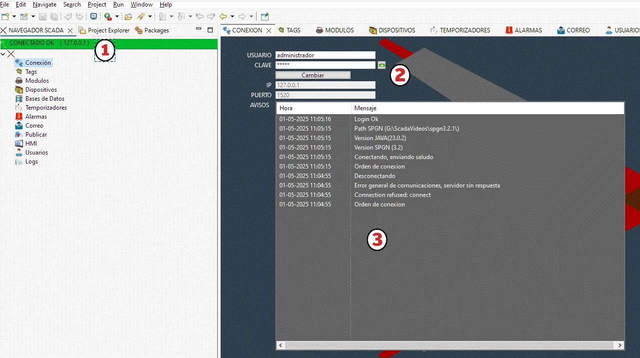 Ventana de trabajo completa de eclipse con el editor de conexión abierto 