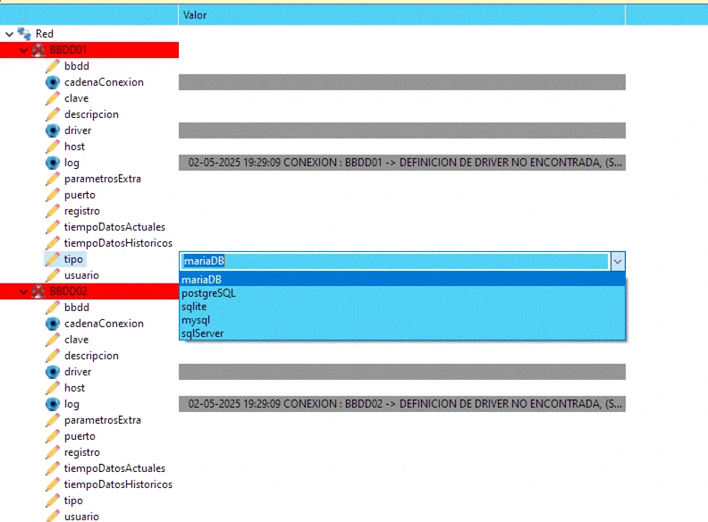 Arbol de Bases de Datos con dos Basos de datos en proceso de configuración. 
