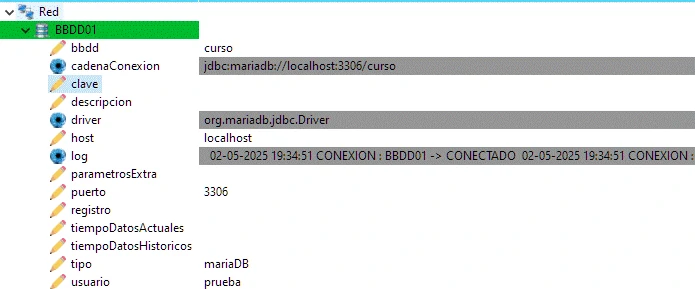 Imagen con una base de datos configurada correctamente en el SCADA