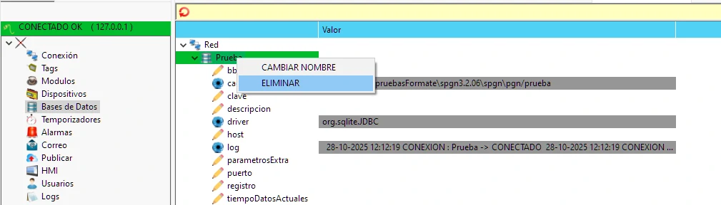 Imagen con la selección para eliminar una base de datos en el SCADA